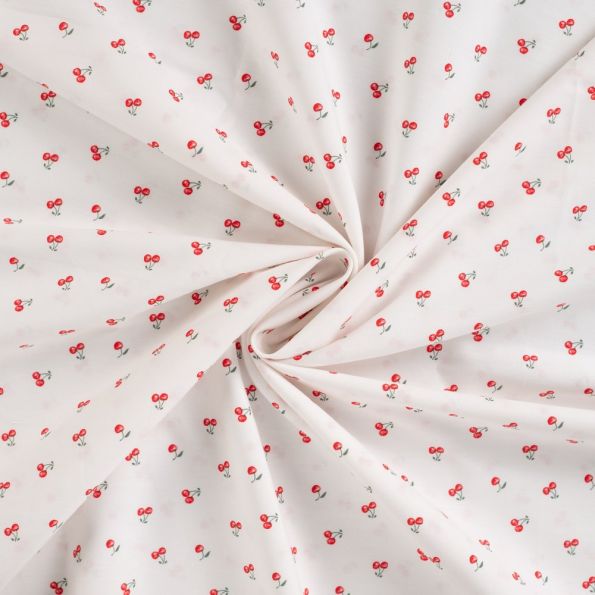 Tissu Coton imprimé Cerises rouges sur fond Blanc cassé - Par 10 cm