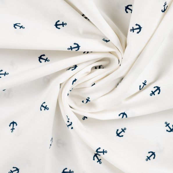Tissu Coton imprimé Ancres bleues sur fond Blanc cassé - Par 10 cm