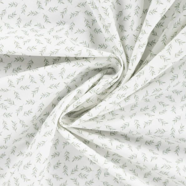 Tissu Popeline de Coton Bella rameaux Vert sur fond Blanc - Par 10 cm