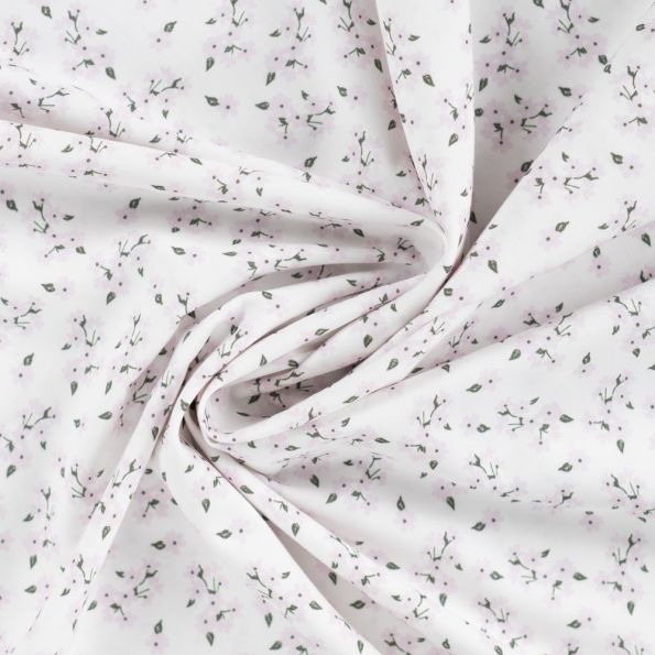 Tissu Popeline de Coton Charlotte petites fleurs Rose sur fond Blanc - Par 10 cm