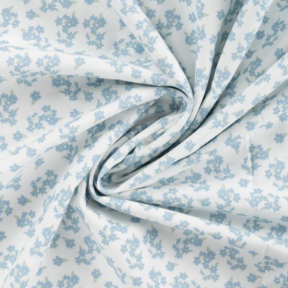 Tissu Popeline de Coton Charlotte petites fleurs Bleu sur fond Blanc - Par 10 cm