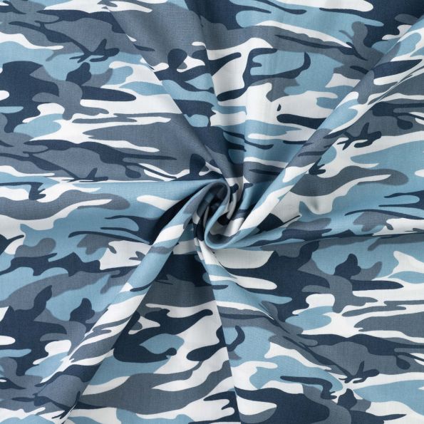 Tissu Popeline de Coton imprimé Camouflage Bleu sur fond Blanc - Par 10 cm