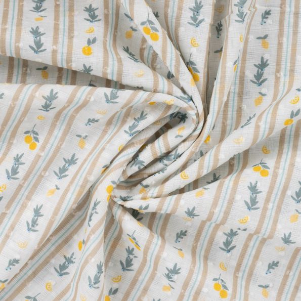Tissu Voile de Coton Plumetis digital petits citrons rayé sur fond Blanc - Par 10 cm