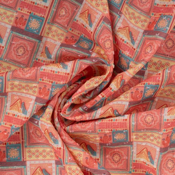 Tissu Voile de Coton Plumetis digital Lou patchwork Aztèque sur fond Corail - Par 10 cm