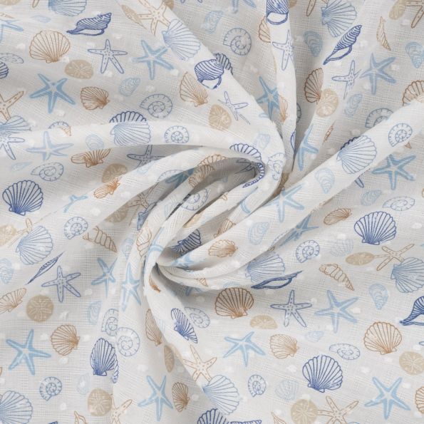 Tissu Voile de Coton Plumetis digital Garance coquillages et crustacées sur fond Blanc - Par 10 cm