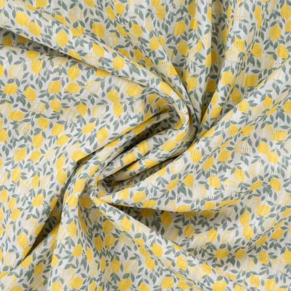 Tissu Voile de Coton digital brodé Ava petits citrons sur fond Ecru - Par 10 cm
