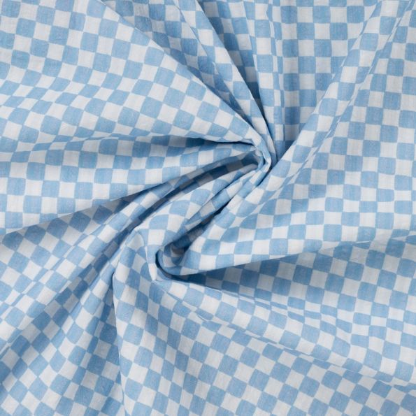 Tissu Seersucker Coton digital Carreaux Bleu sur fond Blanc - Par 10 cm