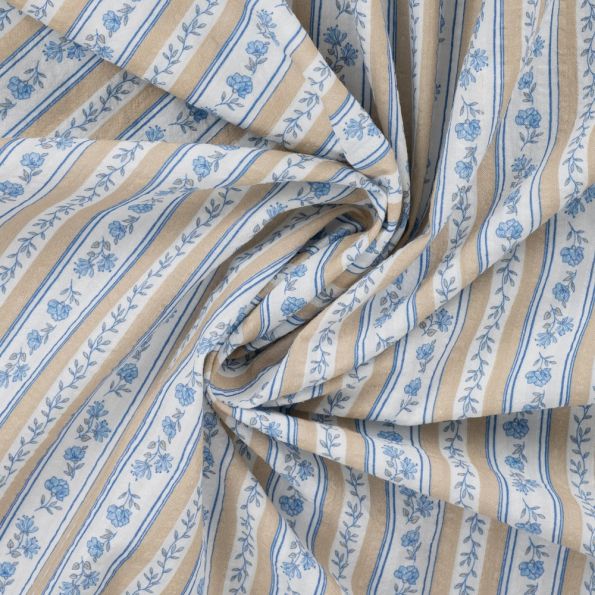 Tissu Seersucker Coton digital Rayures provençales Beige et Bleu sur fond Blanc - Par 10 cm