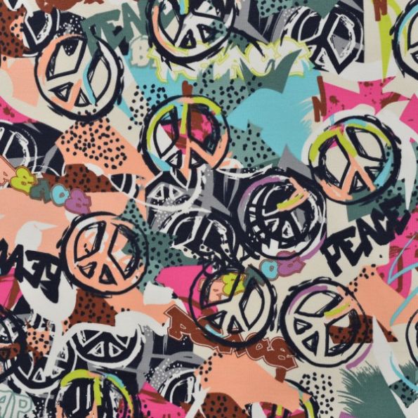 Tissu Sweat léger French Terry Peace sur fond Saumon - Par 10 cm