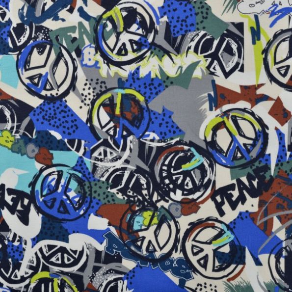 Tissu Sweat léger French Terry Peace sur fond Bleu roi - Par 10 cm