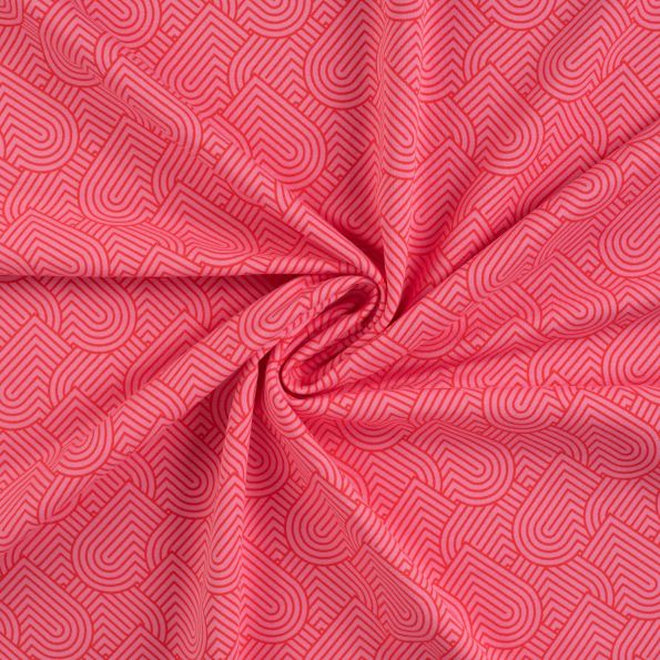 Tissu Sweat léger French Terry Coeurs géométriques sur fond Rouge - Par 10 cm