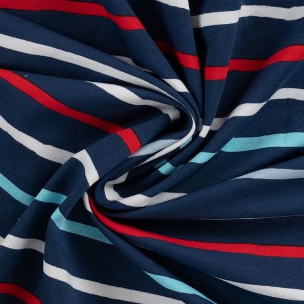 Tissu Sweat léger envers gratté Rayé Bleu, Blanc et Rouge sur fond Bleu marine - Par 10 cm