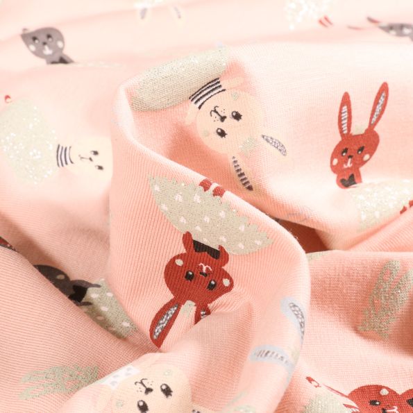 Tissu Jersey Coton Petit lapins tutu pailletés sur fond Rose pâle - Par 10 cm