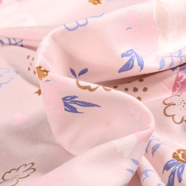 Tissu Jersey Coton Cygnes et fleurs dorées sur fond Rose clair - Par 10 cm