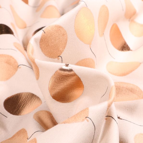 Tissu Jersey Coton Ballons métallisés rose gold sur fond Beige clair - Par 10 cm