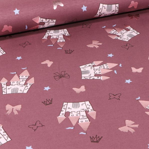 Tissu Jersey Coton Château de princesse nœud étoile sur fond Prune - Par 10 cm