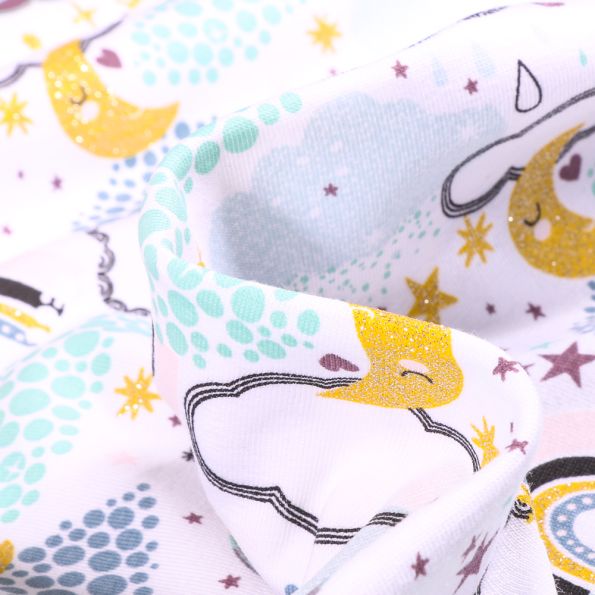 Tissu Jersey Coton Nuage lune et arc en ciel Glitter sur fond Blanc - Par 10 cm