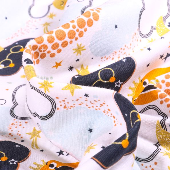 Tissu Jersey Coton Nuage lune et arc en ciel orange Glitter sur fond Blanc - Par 10 cm