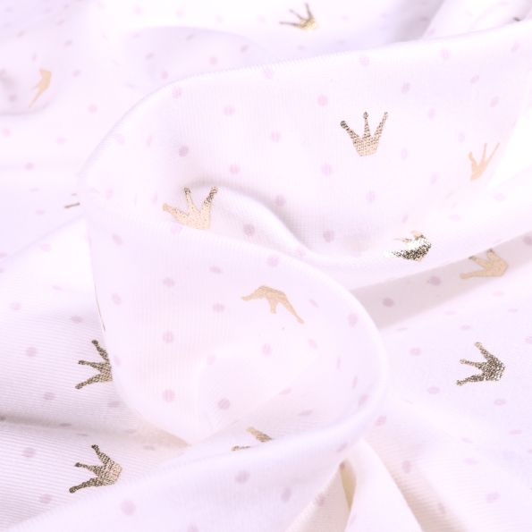 Tissu Jersey Coton Couronne métallisée sur fond Blanc - Par 10 cm