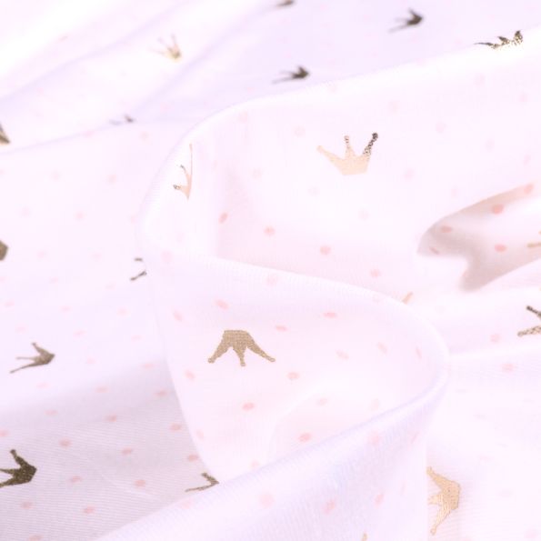 Tissu Jersey Coton Couronne métallisée et pois sur fond Blanc - Par 10 cm
