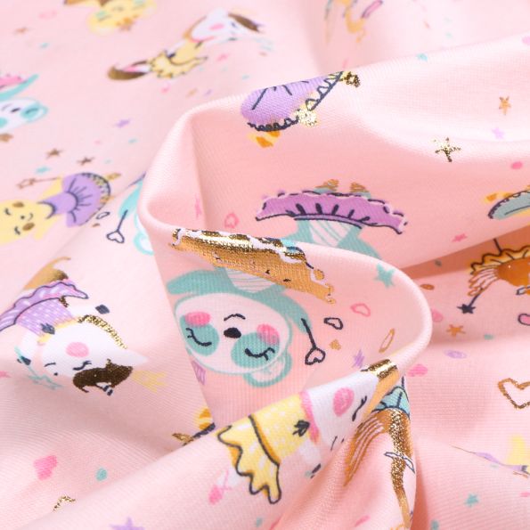 Tissu Jersey Coton Peluche danseuse sur fond Rose - Par 10 cm