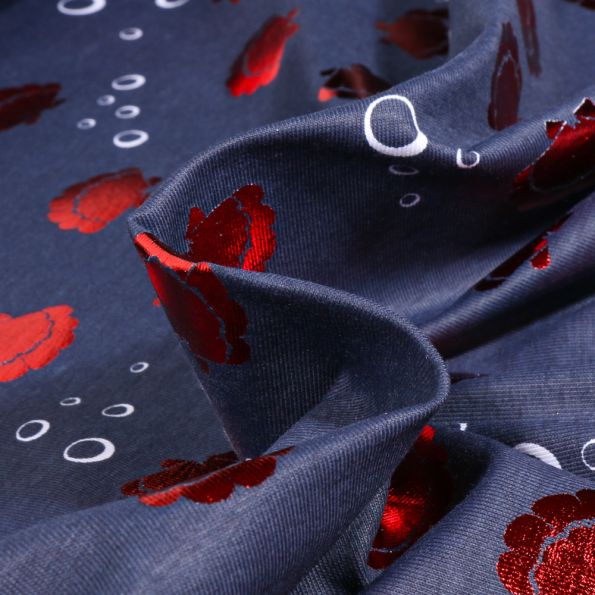 Tissu Jersey Coton Coquillage métallisé sur fond Bleu marine - Par 10 cm