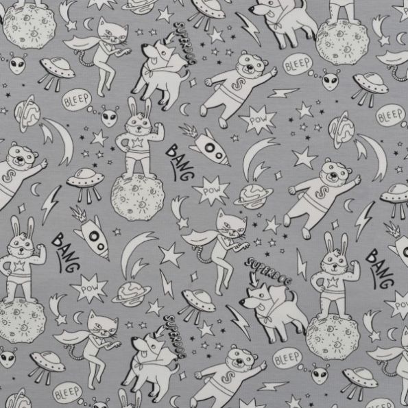 Tissu Jersey Coton Magique Espace sur fond Gris - Par 10 cm