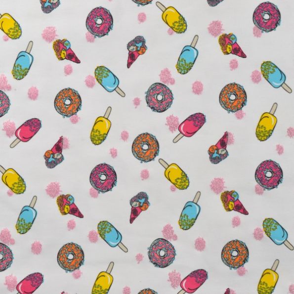 Tissu Jersey Coton Glaces pailletées sur fond Blanc - Par 10 cm