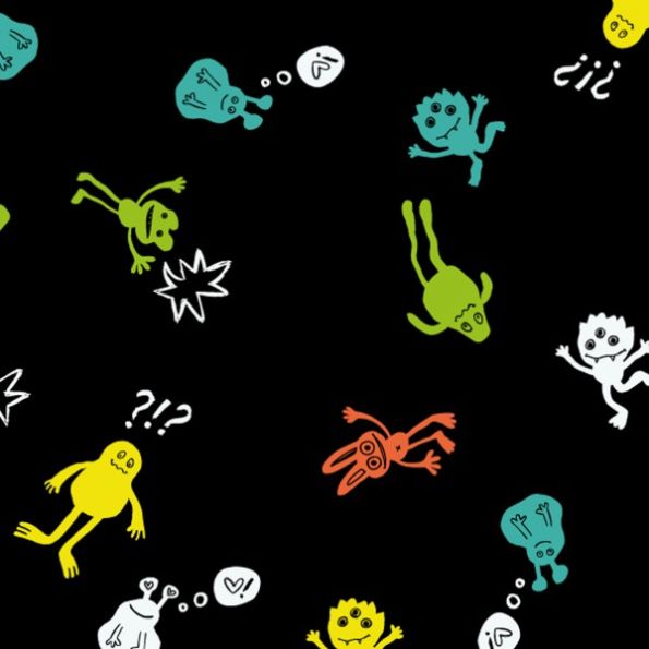 Tissu Jersey Coton Monstres jaunes, verts et blancs sur fond Noir - Par 10 cm