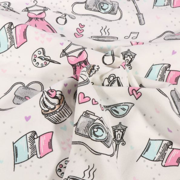 Tissu Jersey Coton Girly pailleté sur fond Blanc - Par 10 cm