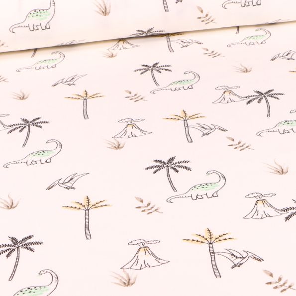 Tissu Coton imprimé Chally Dinosaures et palmiers sur fond Blanc cassé - Par 10 cm