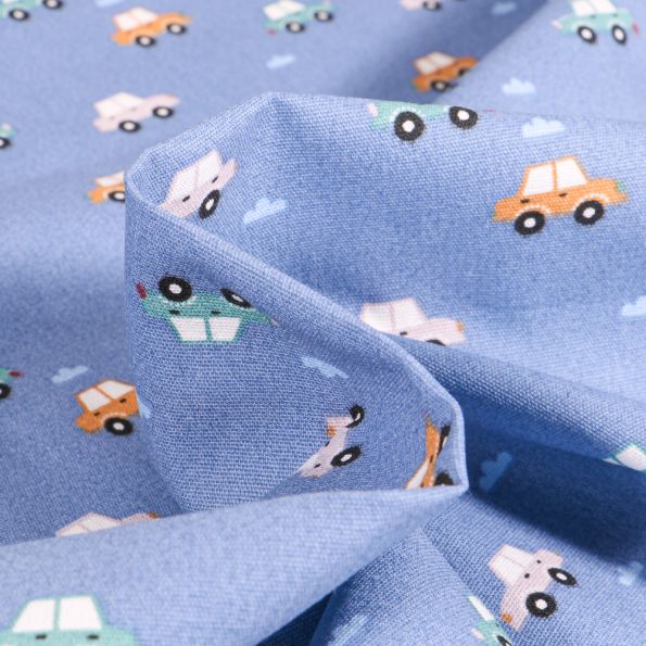 Tissu Coton imprimé Chally Petites Voitures et Nuages sur fond Bleu lavande - Par 10 cm
