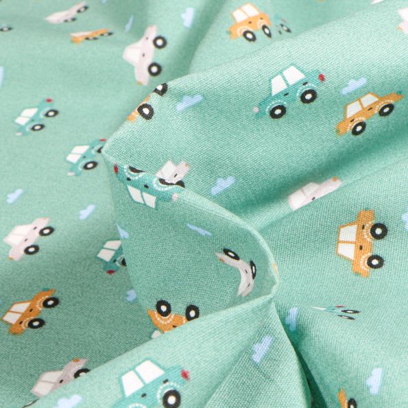 Tissu Coton imprimé Chally Petites Voitures et Nuages sur fond Vert menthe - Par 10 cm