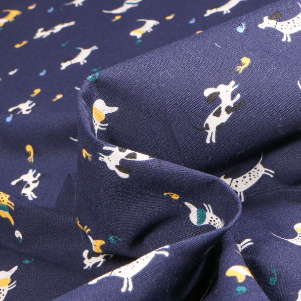 Tissu Coton imprimé Chally Chiens sur fond Bleu marine - Par 10 cm