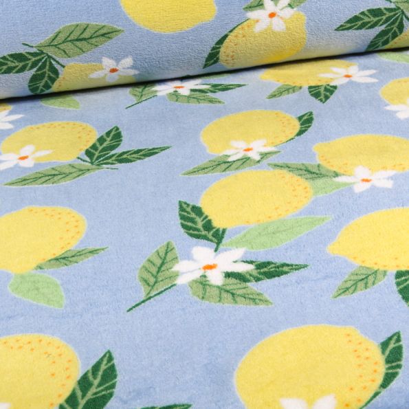 Tissu Doudou Citrus envers bleu marine sur fond Bleu ciel - Par 10 cm