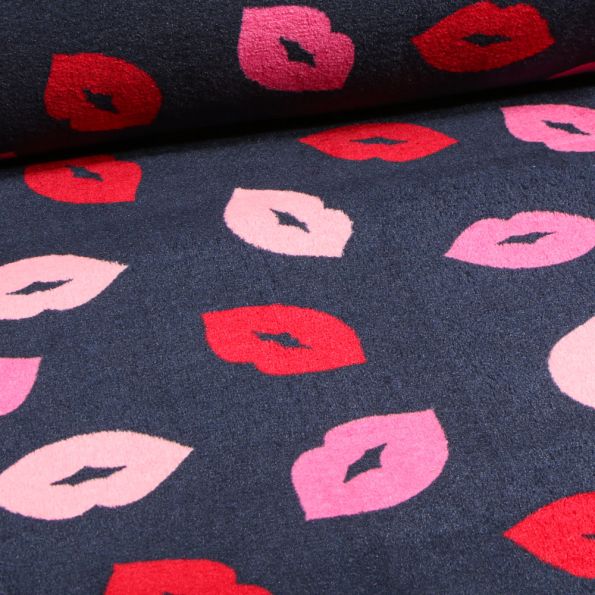 Tissu Doudou Bisous Bisous sur fond Bleu marine - Par 10 cm