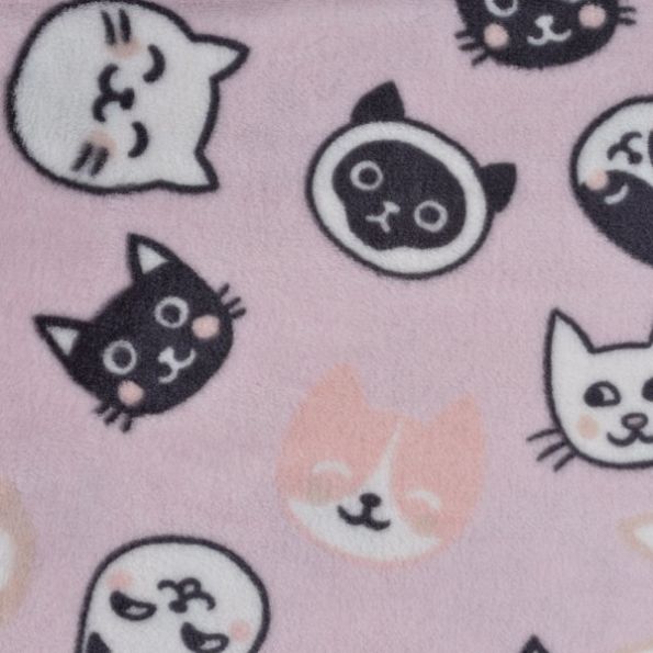 Tissu Doudou Têtes de chat sur fond Rose pâle - Par 10 cm