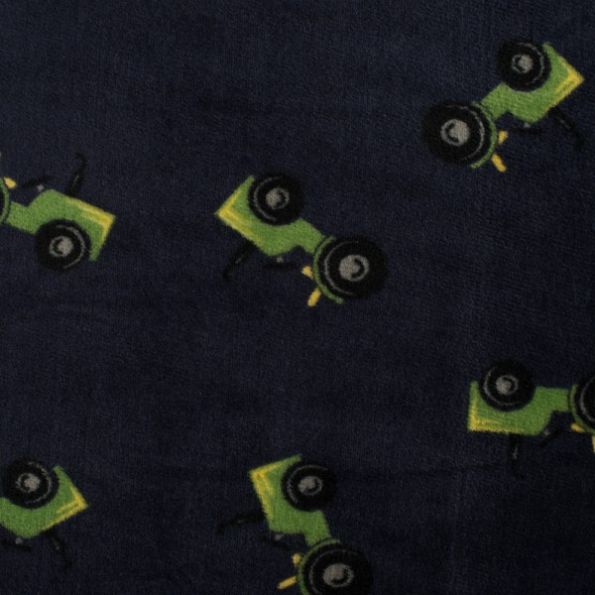 Tissu Doudou Tracteurs verts sur fond Bleu marine - Par 10 cm