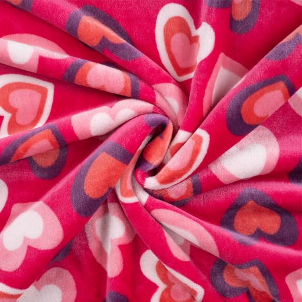 Tissu Doudou imprimé Coeurs sur fond Rose fuchsia - Par 10 cm