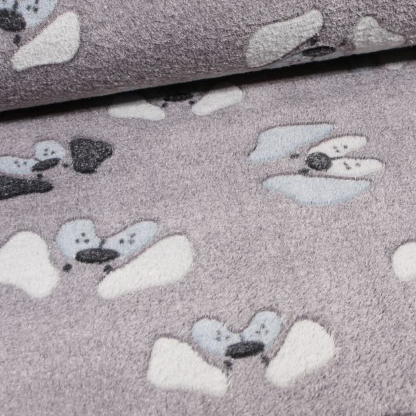 Tissu Doudou Waf waf sur fond Gris - Par 10 cm