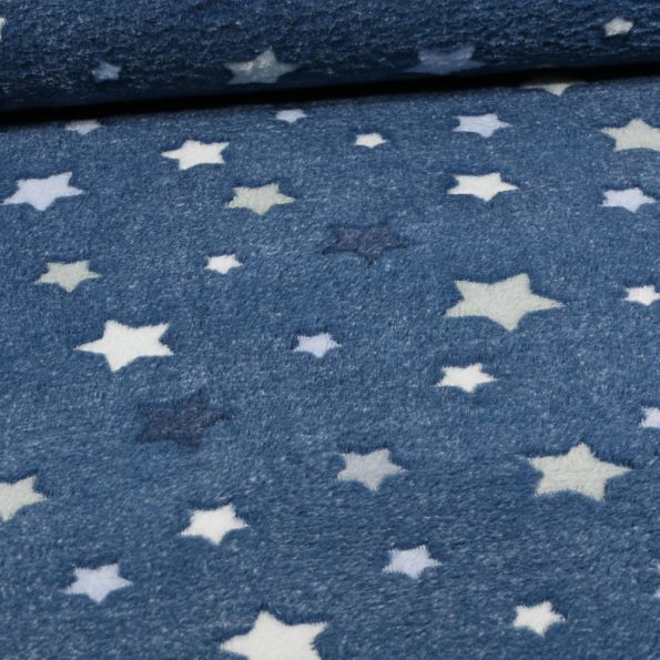 Tissu Doudou Star's sur fond Bleu denim - Par 10 cm