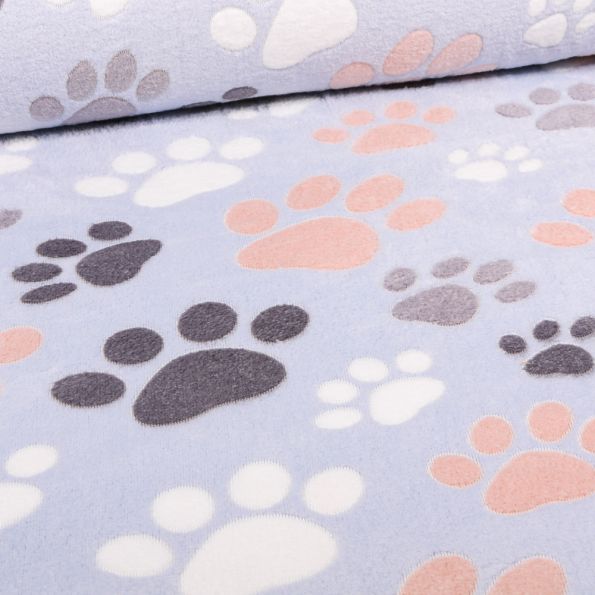 Tissu Doudou Patoune sur fond Bleu ciel - Par 10 cm