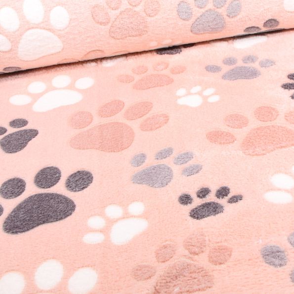 Tissu Doudou Patoune sur fond Rose pâle - Par 10 cm