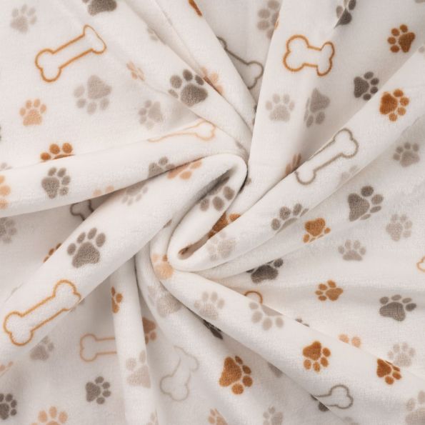Tissu Doudou imprimé Patte de chien et os sur fond Blanc cassé - Par 10 cm