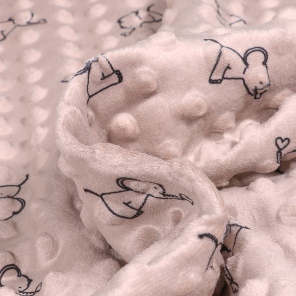 Tissu Minky Ultra doux Pois Eléphanteaux sur fond Taupe - Par 10 cm