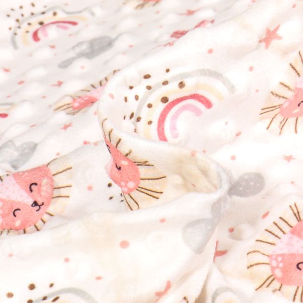 Tissu Minky Ultra doux Pois Lion et arc en ciel rose sur fond Ecru - Par 10 cm