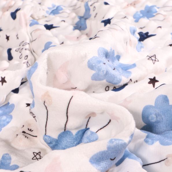 Tissu Minky Ultra doux Pois Rainy bleu sur fond Blanc cassé - Par 10 cm