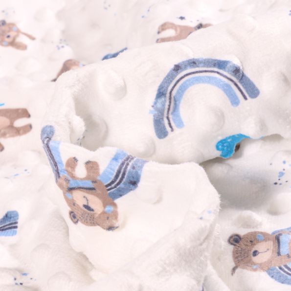 Tissu Minky Ultra doux Pois Teddy bleu sur fond Blanc - Par 10 cm