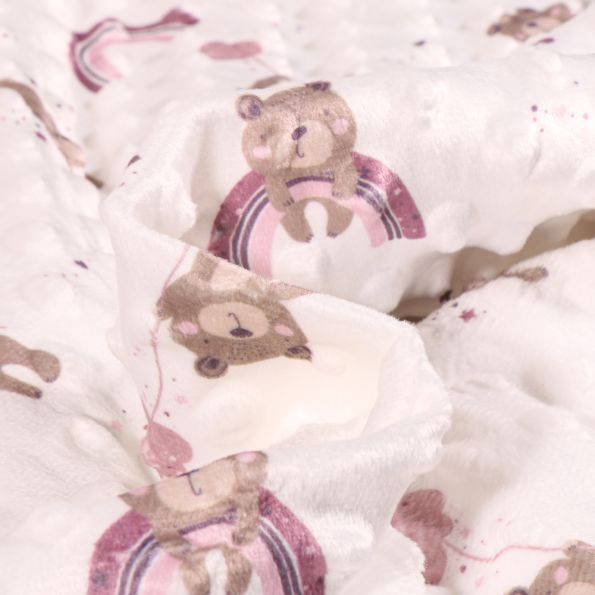 Tissu Minky Ultra doux Pois Teddy rose sur fond Blanc - Par 10 cm