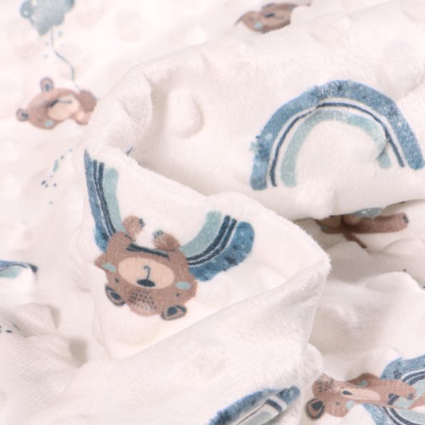 Tissu Minky Ultra doux Pois Teddy bleugris sur fond Blanc - Par 10 cm